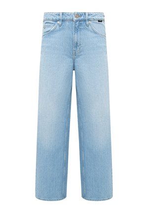 Light blue denim jeans with a wide-leg design, featuring a button and zipper closure, belt loops, and classic five-pocket styling.
