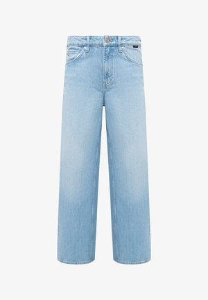Light blue denim jeans with a wide-leg design, featuring a button and zipper closure, belt loops, and classic five-pocket styling.