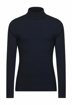 Top a maniche lunghe con collo alto di colore nero uniforme. Realizzato in un tessuto morbido ed elastico con una vestibilità aderente attorno al collo e ai polsi. Senza motivi né dettagli.
