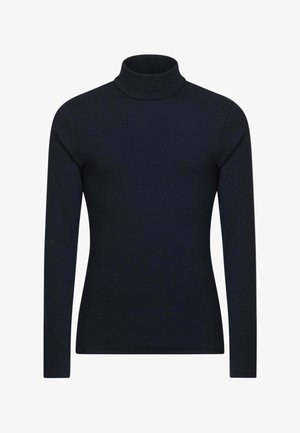 Top a maniche lunghe con collo alto di colore nero uniforme. Realizzato in un tessuto morbido ed elastico con una vestibilità aderente attorno al collo e ai polsi. Senza motivi né dettagli.