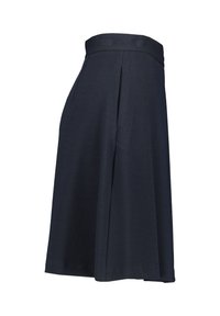 Polvituksen pituinen tummansininen A-linjainen hame, jossa on tekstuuri, korkea vyötärö ja etu-pleat yksityiskohtia.