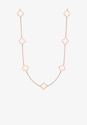 Collana in oro rosa con motivi a forma di trifoglio con centri aperti, collegati da catene sottili, creando un design leggero ed elegante.