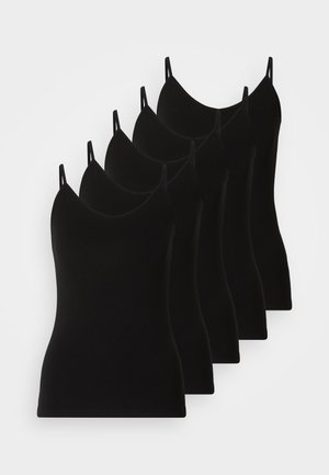 Six débardeurs noirs avec des fines bretelles, fabriqués à partir d'un tissu doux et extensible. Chacun possède une coupe ajustée et un décolleté en V.