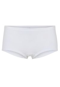 Hvide bomulds boyshorts med en glat tekstur, bred elastik i taljen, og uden yderligere mønstre eller dekorationer. Forside med samlet detalje.