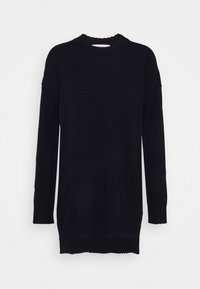 Schwarzer gestrickter Pullover mit einem gerippten Rundhalsausschnitt, langen Ärmeln und gerippten Bündchen; bietet einen lässigen Schnitt und einen leicht längeren Rücken.