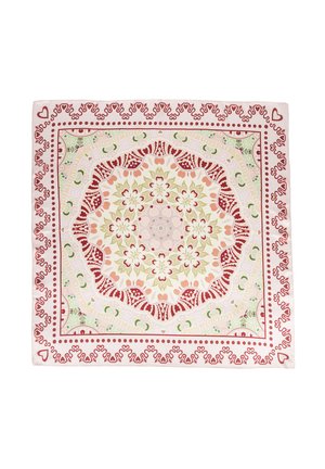 Kwadratowa chusta z misternymi wzorami kwiatowymi i serduszkami w odcieniach czerwieni, różu, zieleni i beżu, ułożonymi w symetryczny, warstwowy wzór.