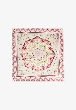 Kwadratowa chusta z misternymi wzorami kwiatowymi i serduszkami w odcieniach czerwieni, różu, zieleni i beżu, ułożonymi w symetryczny, warstwowy wzór.