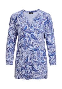Blau-weiße Langarmbluse mit einem Blatt- und Paisleymuster, V-Ausschnitt und weichem Stoffgefühl.