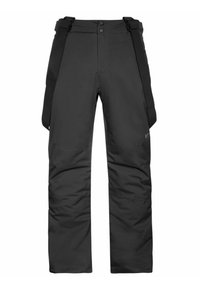 Pantaloni da neve neri con spalline regolabili, caratterizzati da una texture liscia, due bottoni frontali e pannelli rinforzati sulle ginocchia per una maggiore durata.