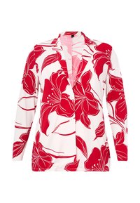 Bloemenblazer in het wit met een rood bloempatroon. Beschikt over lange mouwen, een notch-kraag en een knoopsluiting aan de voorkant. Zachte stoftextuur.