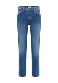Jeans de mezclilla azul con un diseño de pierna recta, que cuentan con cinco bolsillos, un cierre de botón y detalles de decoloración sutil.