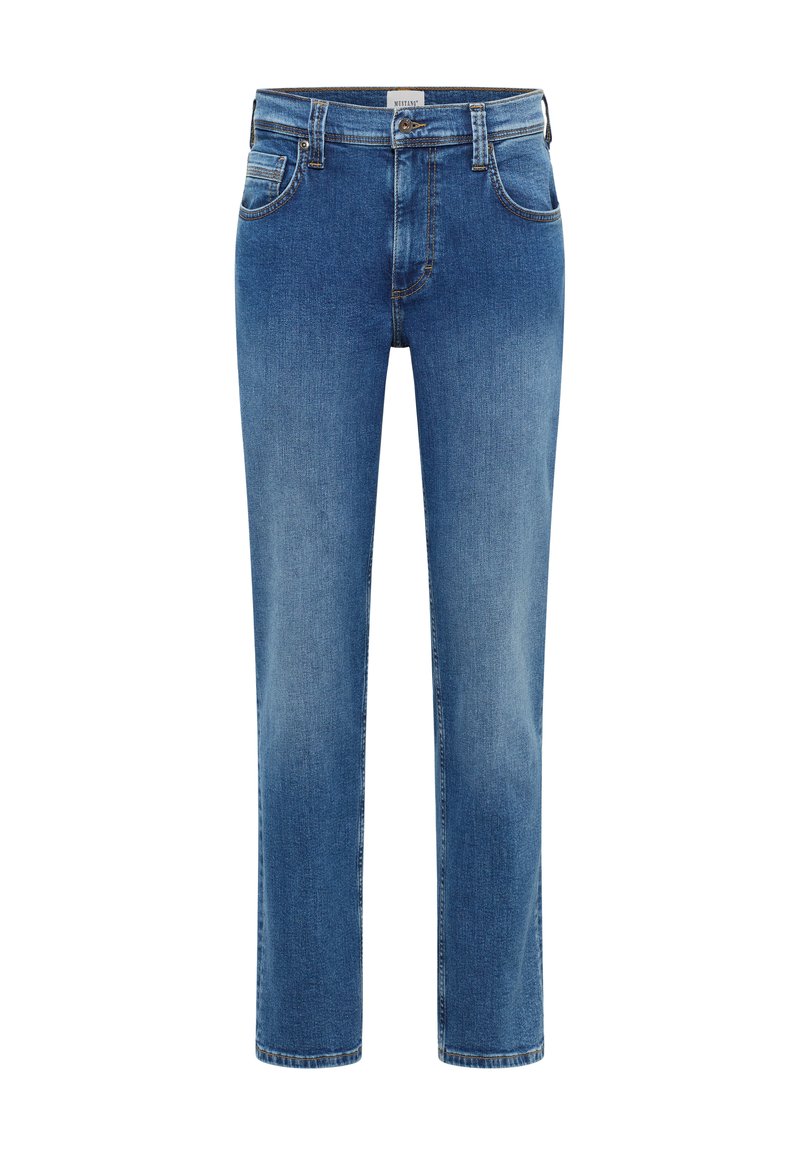 Jeans de mezclilla azul con un diseño de pierna recta, que cuentan con cinco bolsillos, un cierre de botón y detalles de decoloración sutil.