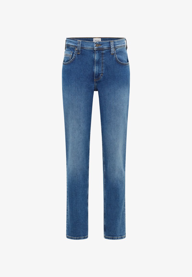 Modré džínsy s rovnými nohavicami, obsahujúce päť vreciek, zapínanie na gombík a jemné efektom vyblednutia.