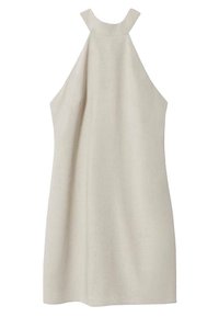 Beige linnen halterjurk, met een hoge halslijn en een open rugontwerp. Gladde textuur met strakke lijnen en een minimalistische vorm.