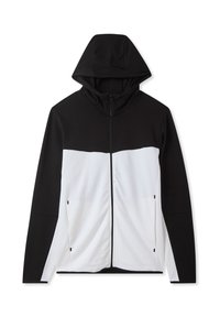 Felpa nera e bianca con zip, colletto alto, maniche lunghe e doppi taschini laterali; tessuto morbido con un design a blocchi di colore.