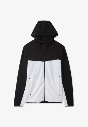 Felpa nera e bianca con zip, colletto alto, maniche lunghe e doppi taschini laterali; tessuto morbido con un design a blocchi di colore.