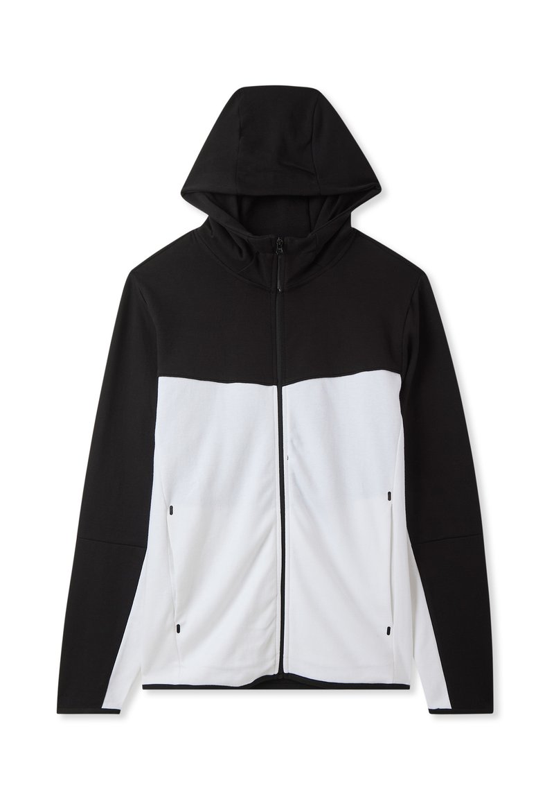 Felpa nera e bianca con zip, colletto alto, maniche lunghe e doppi taschini laterali; tessuto morbido con un design a blocchi di colore.