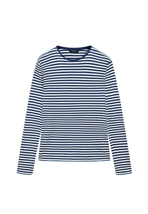 Langærmet rundhalset skjorte med vandrette mørkeblå og hvide striber, lavet af let stof, lagt fladt på en hvid baggrund.