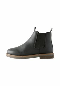 Schwarze Leder Chelsea-Boots mit elastischen Seitenpaneelen, runder Zehenpartie und einer strukturierten braunen Sohle. Verfügt über Zuglaschen für ein einfaches Anziehen.