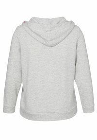Graue Kapuzenjacke mit weicher Textur, ausgestattet mit einer Kordelzugkapuze, langen Ärmeln und einer Kängurutasche. Rückansicht gezeigt.