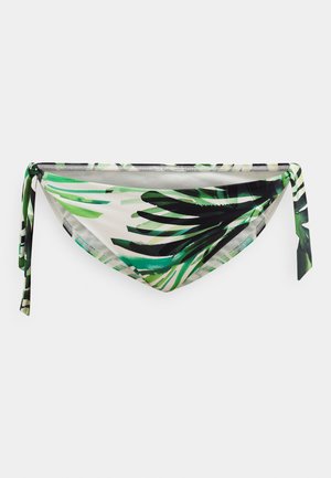 Bikinihose mit grün-schwarzem tropischem Blattmuster, seitlichen Bindebändern und weißem Hintergrund.