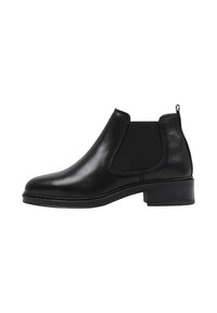 Botín Chelsea negro de cuero con paneles elásticos a los lados, puntera redondeada y un bajo tacón apilado. Textura suave con detalles de costura mínimos.