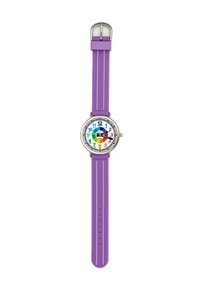 Montre-bracelet en silicone violet avec un cadran blanc circulaire, des chiffres colorés et une boîte métallique. Comprend une boucle et des rainures sur le strap.