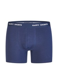 Navyblauwe herenboxershorts van zachte, rekbare stof. Voorzien van een comfortabele tailleband met 'HAPPY SHORTS' in wit gedrukt.