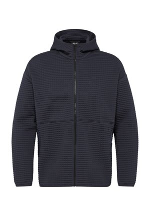 Marineblauer gesteppter Kapuzenpullover mit durchgehendem Reißverschluss, langen Ärmeln und hohem Kragen, mit einem dezenten, eingeprägten Logo auf der Brust.