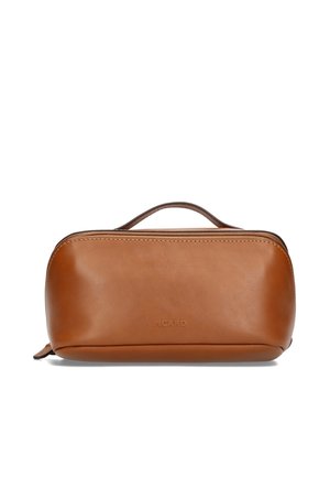 Bolsa de tocador de cuero marrón con asa superior y cremallera, con el logo "PICARD" en relieve en el centro delantero.