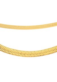 Collana a catena color oro con una texture a motivo, composta da anelli intrecciati. La catena presenta una finitura liscia e lucente e una caduta flessibile.
