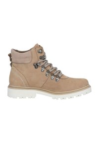 Stivale alla caviglia in suede beige con lacci grigi, occhiali in metallo e suola in gomma bianca. Presenta un colletto imbottito e dettagli di cucitura a contrasto.
