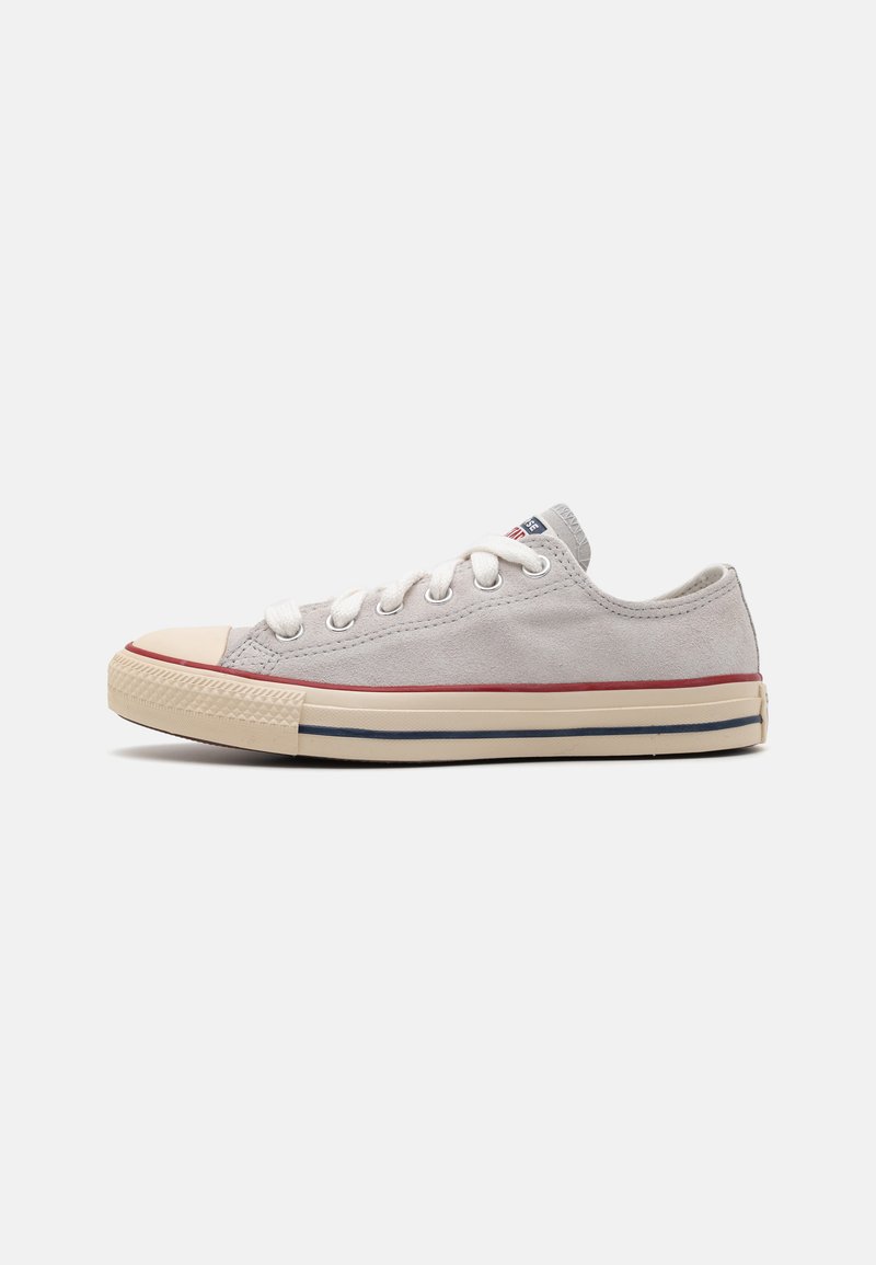 Sneakers de suede gri, cu șireturi albe, vârf rotunjit și talpă din cauciuc crem cu dungi accent roșii și albastre.