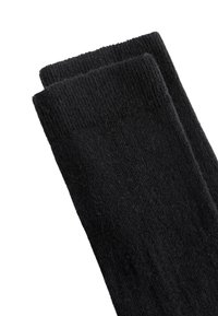 Coppia di calzini neri a coste piegati con polsini elasticizzati su uno sfondo bianco, che mostra la texture e il motivo del knitting.