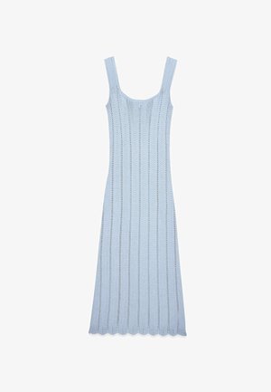 Light blue, knitted dress with a fitted design, featuring a square neckline and scalloped hem. Vertical stripes run throughout the fabric.