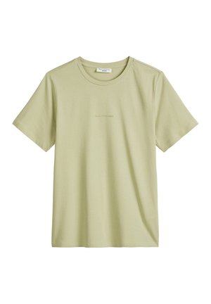 Helle grüne Rundhalsausschnitt-T-Shirt aus glattem Baumwollmaterial, mit kurzen Ärmeln und einem dezenten Logo, das auf der Vorderseite aufgedruckt ist.