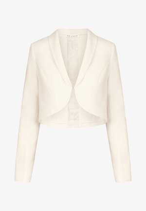 Witte cropped jas met lange mouwen, brede revers en een kanten binnenvoering. Gladde textuur, aansluitende pasvorm en een enkele sluiting aan de voorkant.