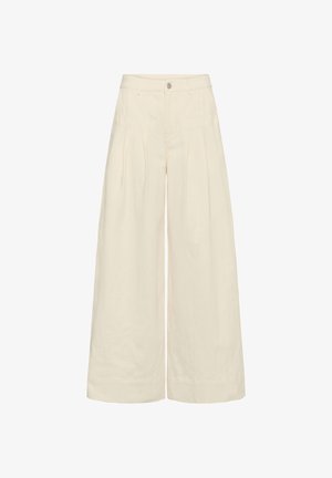 Kreemjas laia lõikega püksid esiplaatidega, vööaasadega ning nööbi ja tõmblukuga vöökohal.