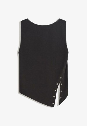 Top negru fără mâneci, cu decolteu rotund, margine asimetrică și capse pe lateral pentru ajustarea dimensiunii. Textură de țesătură moale.