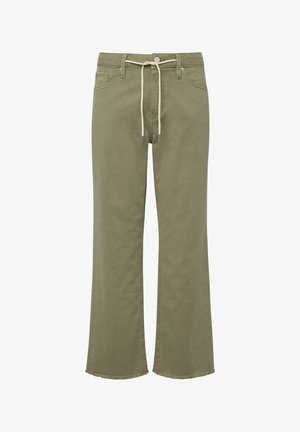 Olivgrüne, gerade geschnittene Hose mit Vordertaschen, Knopf- und Reißverschluss, beigen Kordelzug in der Taille und Saum mit rohen Kanten.