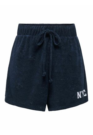 Marineblaue Frotteeshorts mit lockerer Passform, ausgestattet mit einem verstellbaren Kordelzugbund und einem weißen "NYC"-Grafikdesign auf der linken Vorderseite.