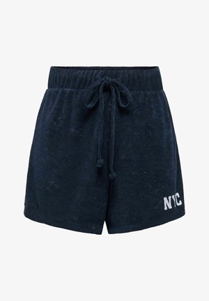 Marineblaue Frotteeshorts mit lockerer Passform, ausgestattet mit einem verstellbaren Kordelzugbund und einem weißen "NYC"-Grafikdesign auf der linken Vorderseite.