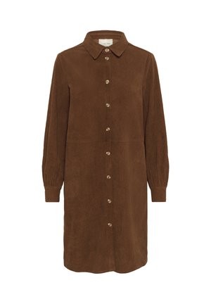 Robe chemise en velours côtelé marron avec un col, des manches longues bouffantes et une fermeture à boutons à l'avant avec des accents en métal doré.