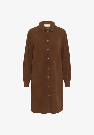 Rochie din catifea maro cu guler, mâneci lungi și puffate, și închidere frontală cu nasturi, accentuată cu detalii din metal auriu.