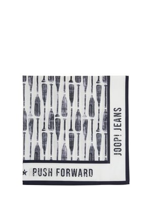 Vierkantige witte doek met zwarte peddelpatronen, zwarte rand en tekst "PUSH FORWARD" en "JOOP! JEANS" op de randen.
