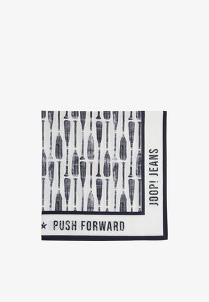 Vierkantige witte doek met zwarte peddelpatronen, zwarte rand en tekst "PUSH FORWARD" en "JOOP! JEANS" op de randen.