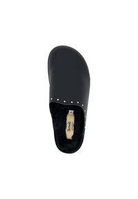 Black clog with a smooth, rounded design. Features small studs along the edge and a soft black interior lining. Size label visible inside.