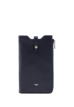Navy blue leather wallet with snap button tab, zippered side pocket, and "PICARD 1928" logo on front.