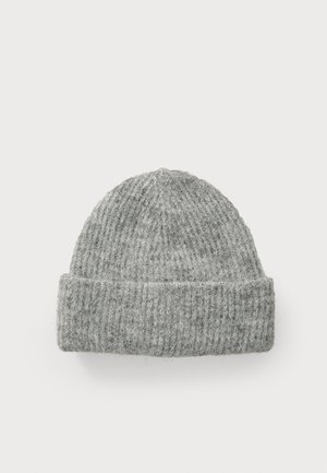Gray knit beanie hat, made of textured wool. Features a roll-up brim and vertical ribbed pattern. Soft and warm design.