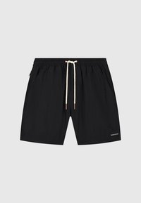 Schwarze Shorts aus leichtem Material, mit einem elastischen Bund und Kordelzug sowie Seitentaschen. Markenname auf der unteren rechten Seite.